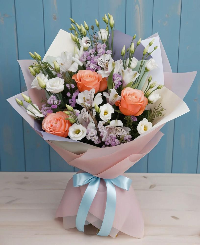 Букет цветов из: Лизиантусы, Розы, Альстромерии и Гипсофила в Глазове