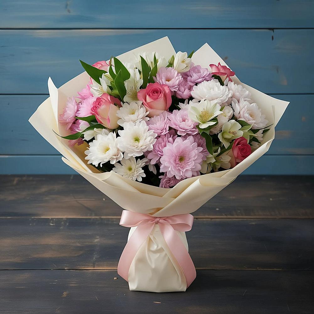 Букет цветов из: Хризантемы, Альстромерии и Розы в Глазове